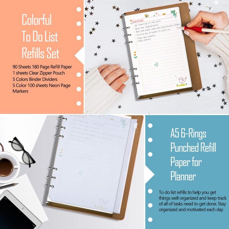 Rancco A5 Planner Inserts to Do List  90 Pages Colorful 6-Ring Loose-leaf Planner Refills w/Binder Divider  Zipper Pouch  Ruler  Index Tab for Personal Journal  Filofax  Double-sided Undated 5.5?8.3"" - Image 3